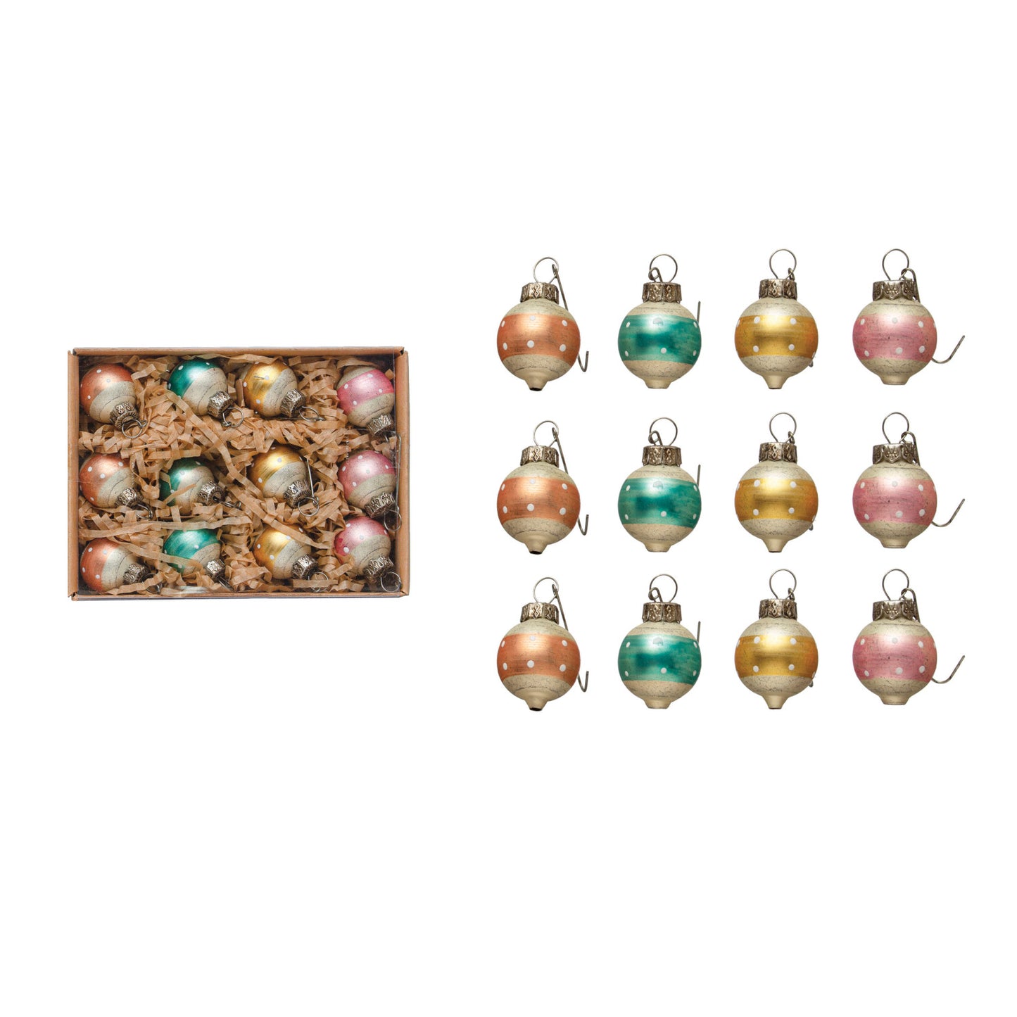 Hand-Painted Glass Ball Ornaments with Stripes - Set of 12