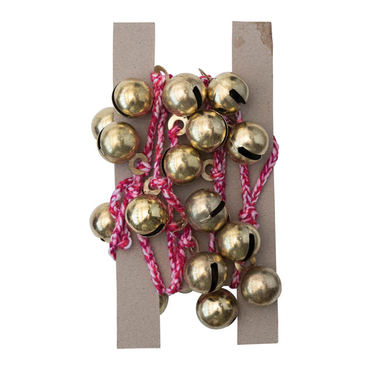 Metal Jingle Bell Garland on Braided Cord - Red, White + Gold Finish