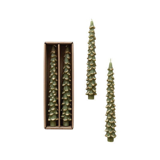 Unscented Tree Shaped Taper Candle - Evergreen with Gold - Set of 2