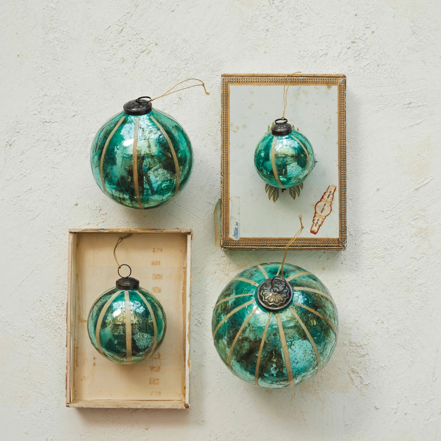 Recycled Glass Ball Ornament - Embedded Eucalyptus Leaves - Green - 4 in.