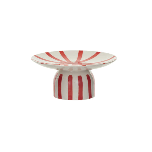 Hand-Painted Stoneware Pedestal - Red + Cream Stripes