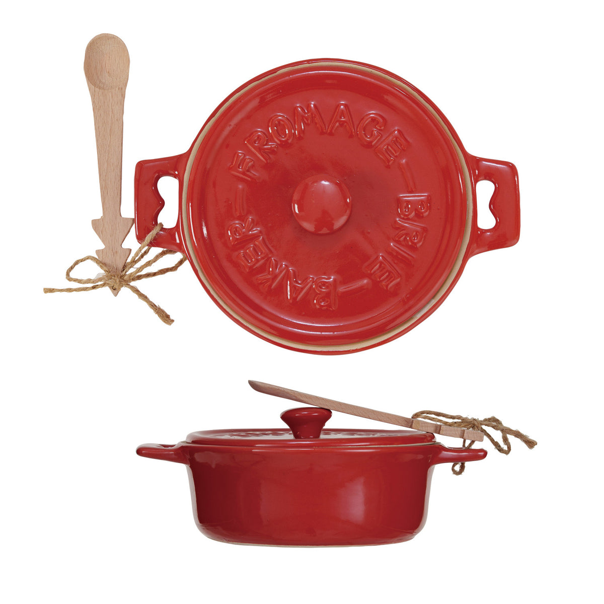 Stoneware Brie Baker with Bamboo Spreader - Red