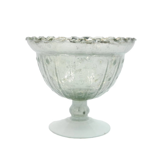 Decorative Embossed Mercury Glass Footed Bowl - Antique Silver Finsih