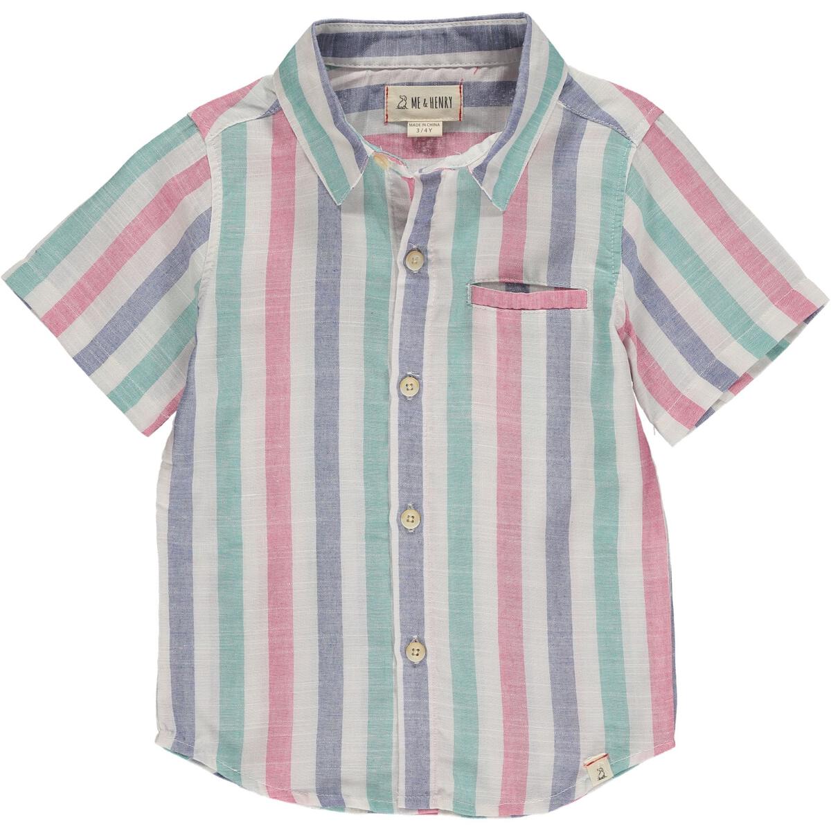 Me & Henry - Pier Short Sleeved Shirt - Green, Blue & Red Striped