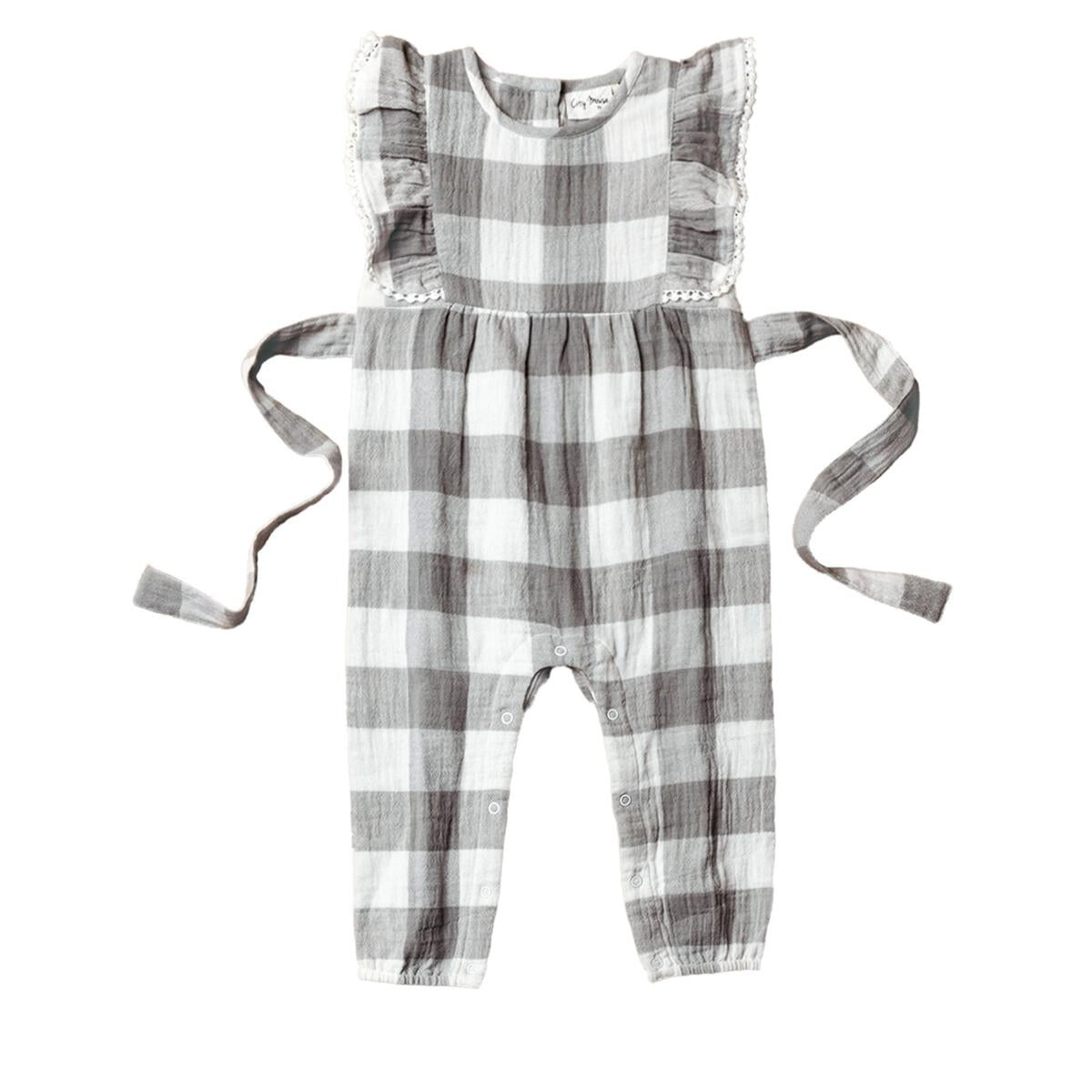 City Mouse - Flutter Long Romper - Crinkle Cotton - Silver Check - LAST ONE - 2Y
