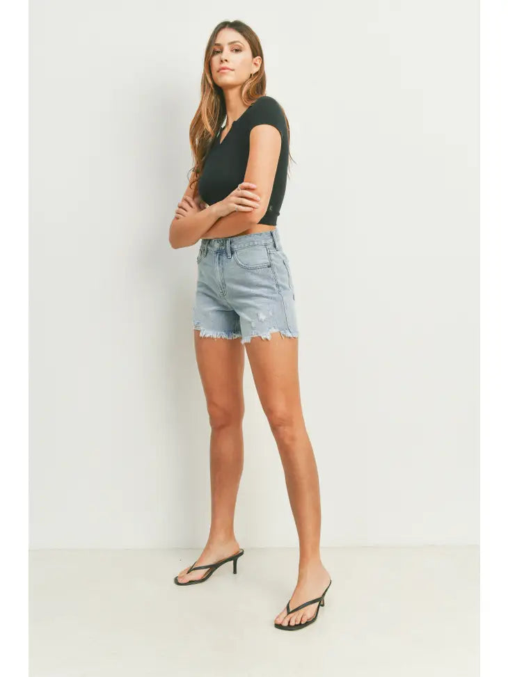 High Rise Hem Detail Short - Light Denim