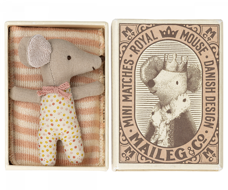 Maileg - Sleepy/Wakey Baby Mouse In Matchbox - ROSE