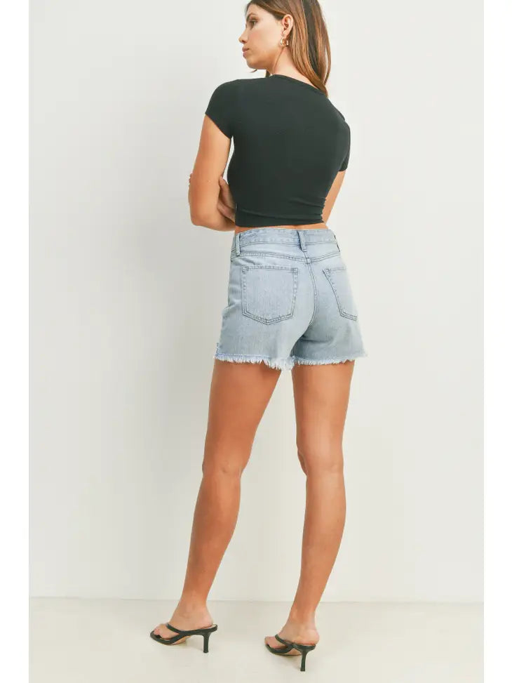 High Rise Hem Detail Short - Light Denim