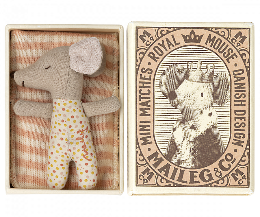 Maileg - Sleepy/Wakey Baby Mouse In Matchbox - ROSE