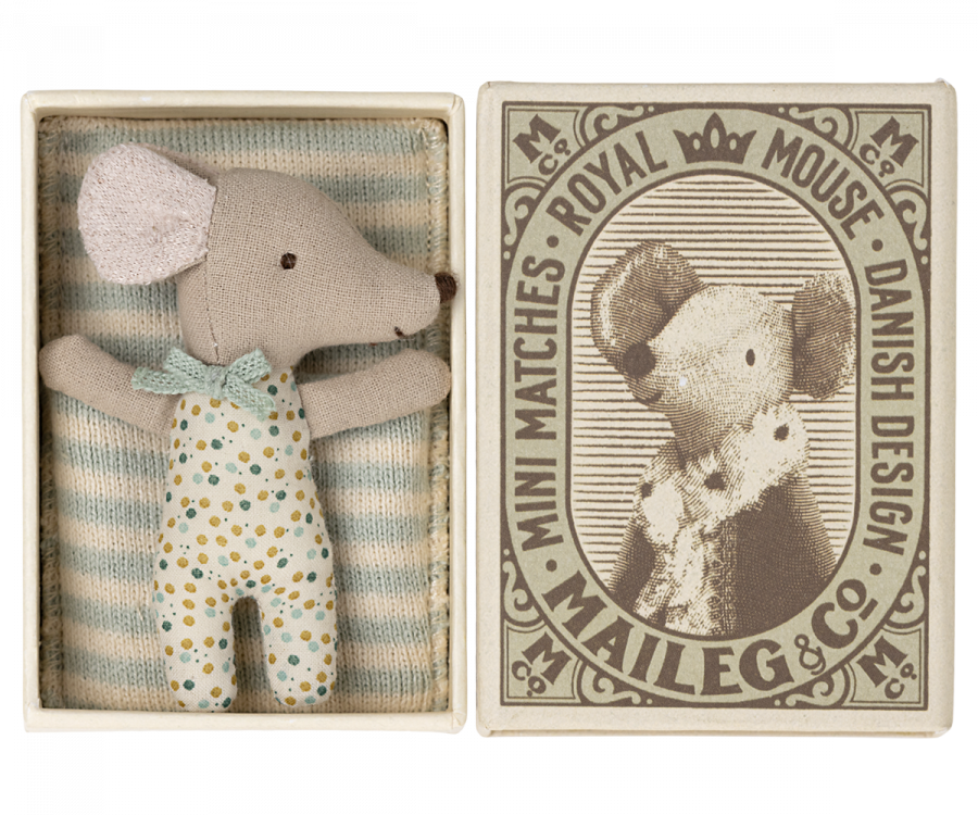 Maileg - Sleepy/Wakey Baby Mouse In Matchbox - BLUE