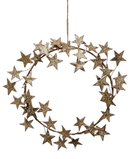 Round Metal + Birch Bark Stars Wreath with Glitter