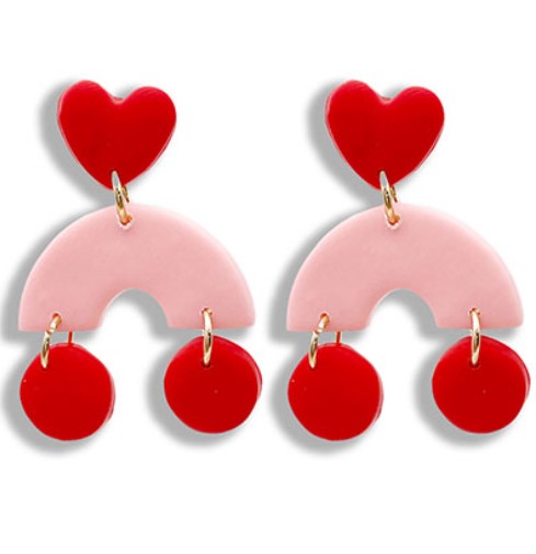 Disk Dangle Arch Heart Earrings - Pink