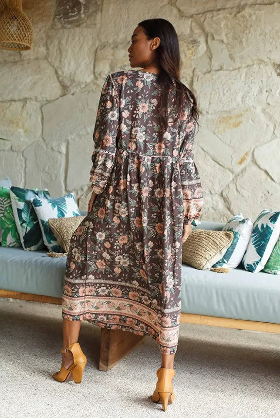 Vintage Style Bohemian Midi Dress - Mocha