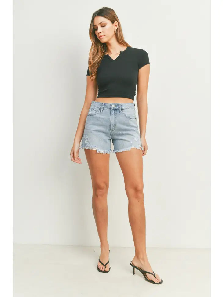 High Rise Hem Detail Short - Light Denim