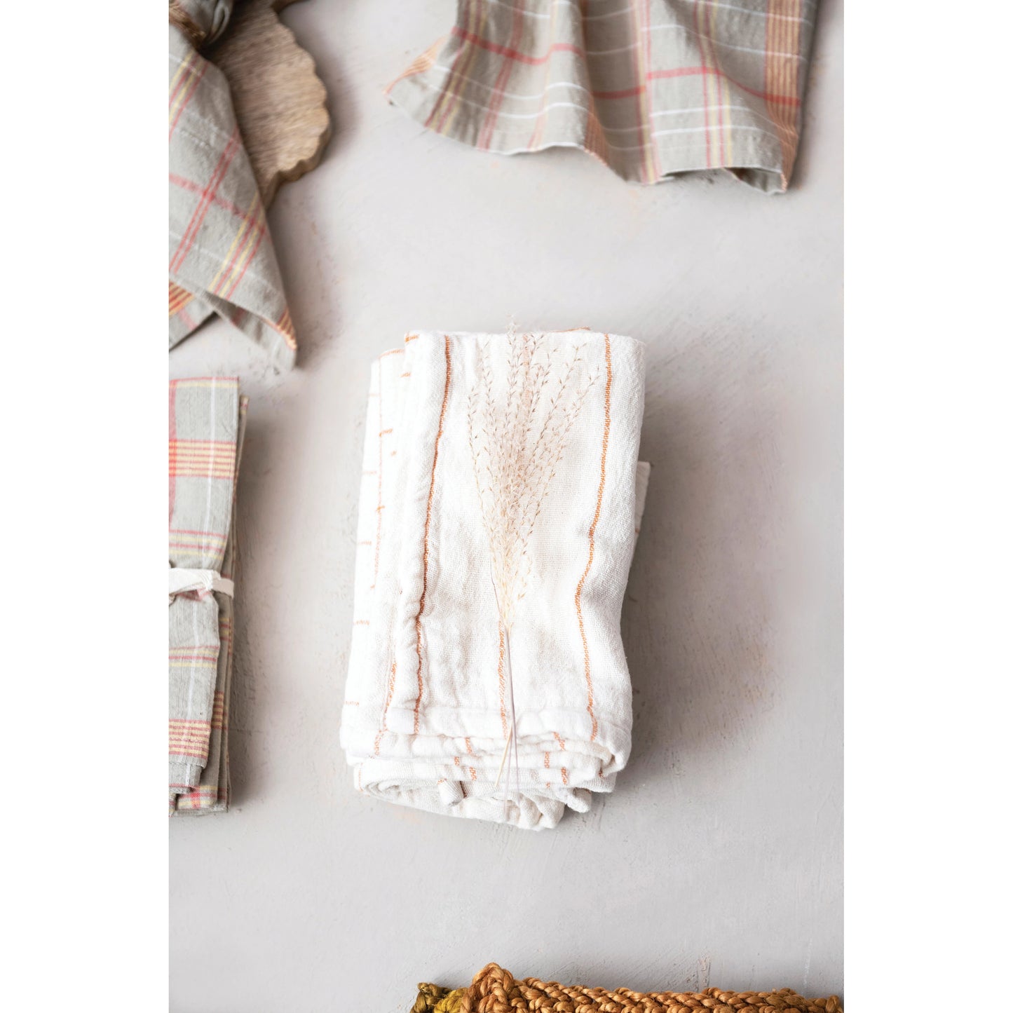 Cotton Double Cloth Tea Towel - Natural + Rust - Lines