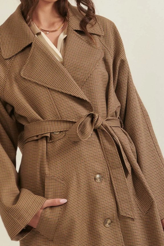 Houndstooth Long Trench Coat