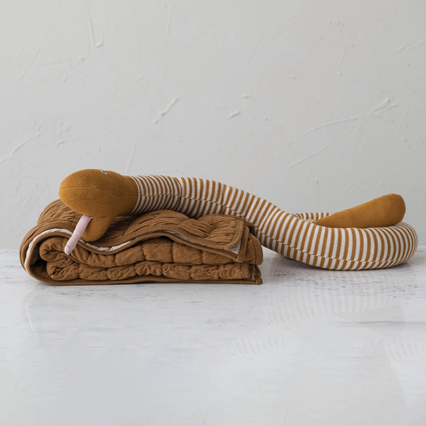 Cotton Knit Plush Snake with Stripes - Mustard + Natural