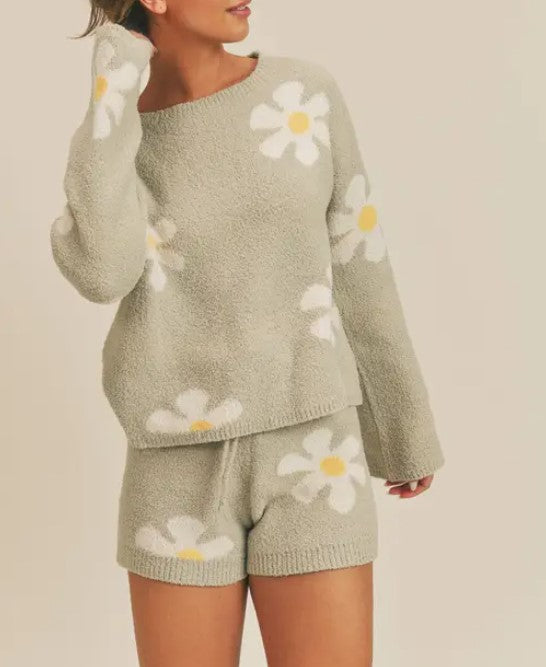 Flower Power Plush Sweater Shorts - Pistachio - LAST ONE - XS