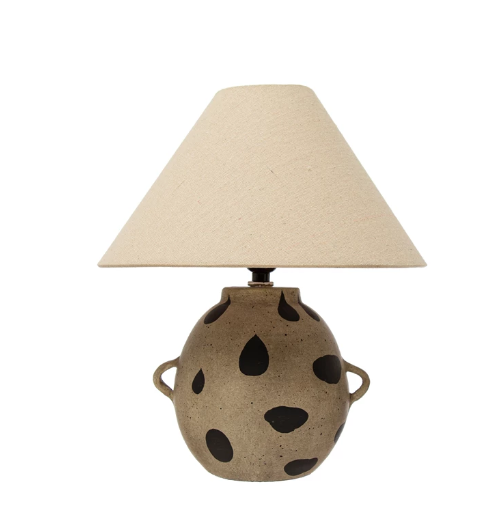 Hand-Painted Terracotta Table Lamp with Dots and Fabric Shade