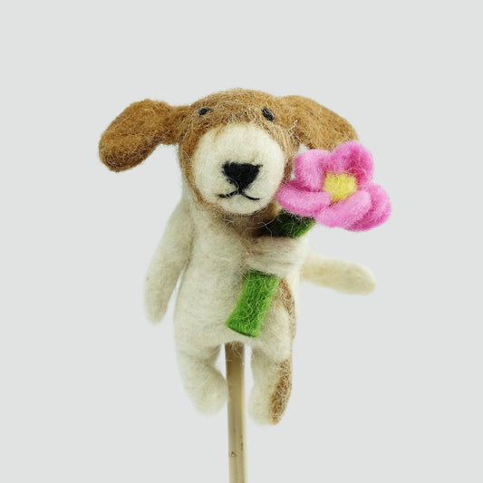 The Winding Road - Felt Dog With Flower Finger Puppet