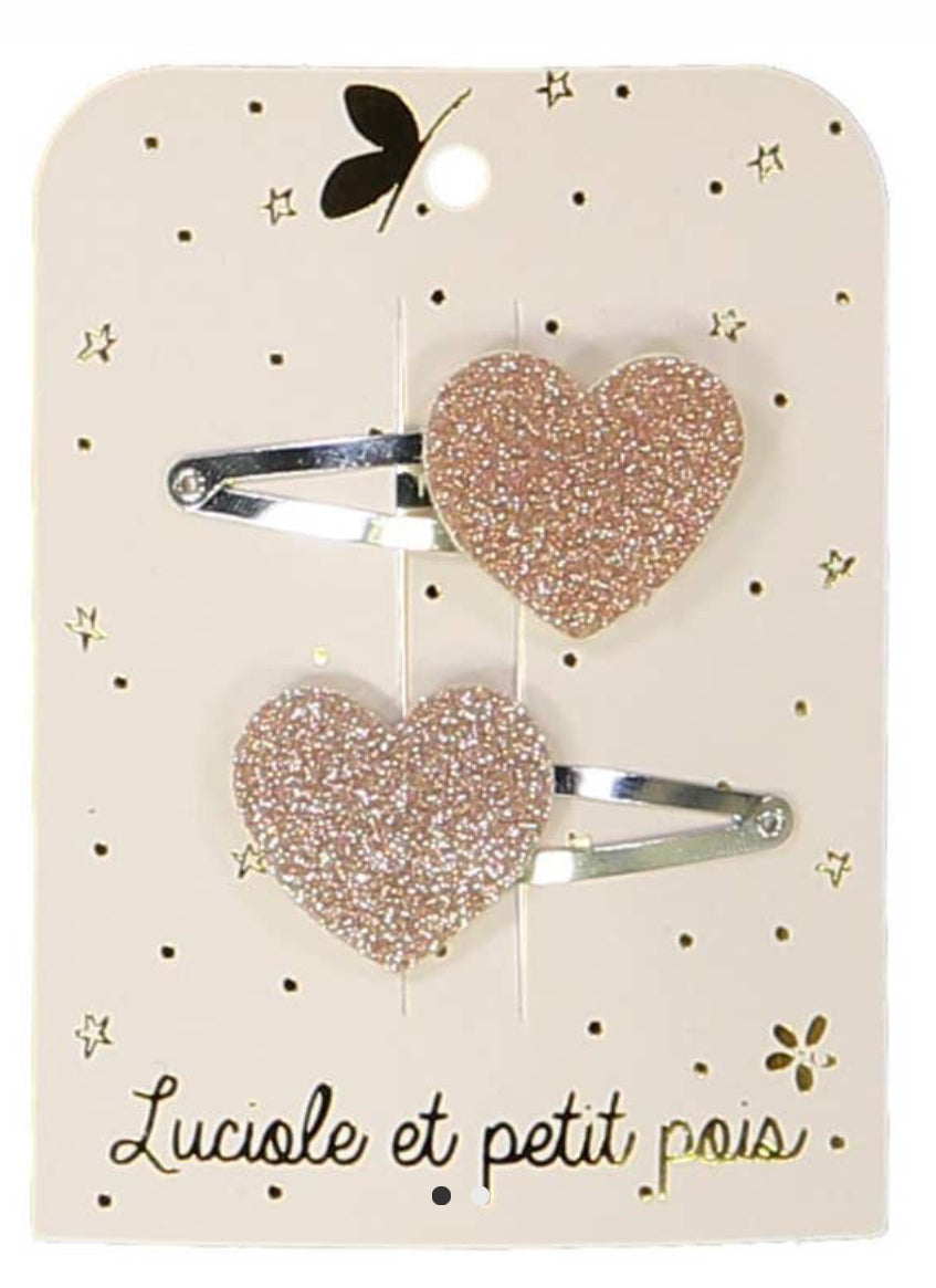 Luciole et Petit Pois - Hearts hair clips - Pink Glitter (pair)