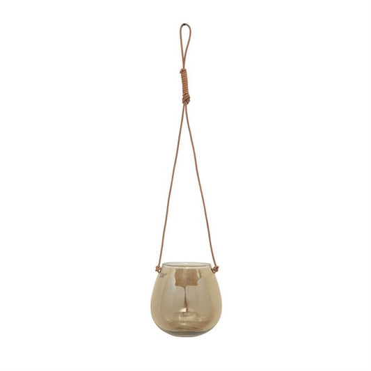 Sanna Picks - Glass Hanging Planter Vase with Leather Hanger - Iridescent Brown