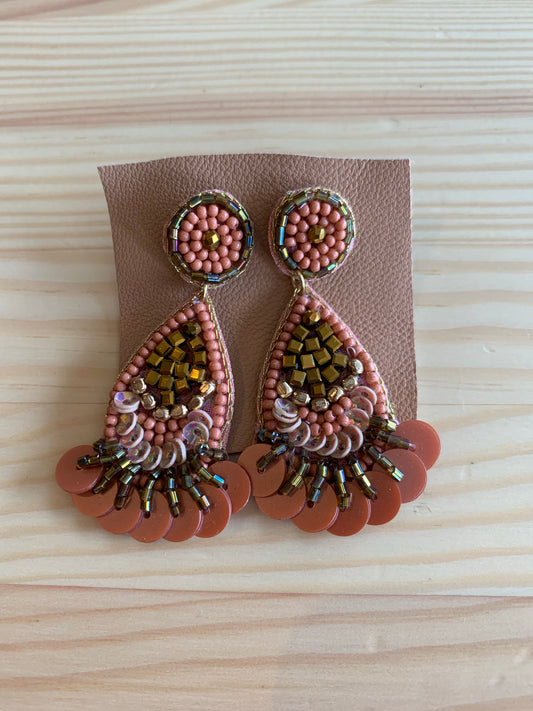 Vintage Beaded Drop Earrings - Coral