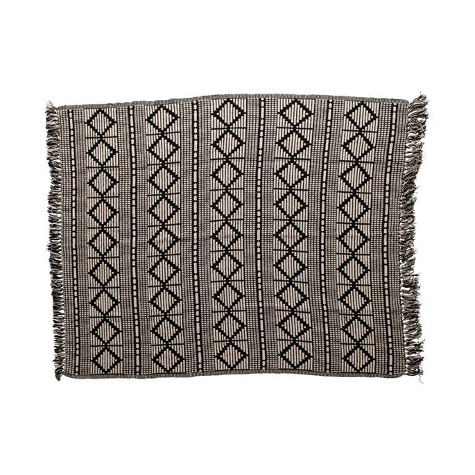 Cotton Blend Throw with Diamond Pattern - Black/Beige