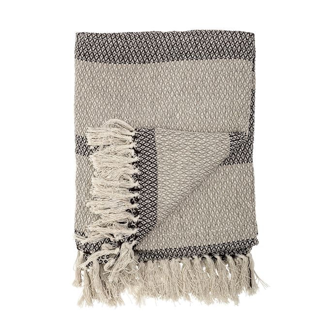 Cotton Blend Knit Throw with Fringe and Stripe - Grey