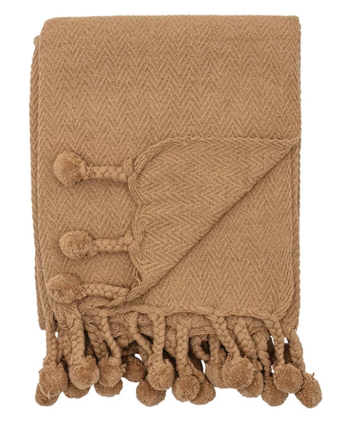 Cotton Throw with Pom Poms - Iced Coffee Color