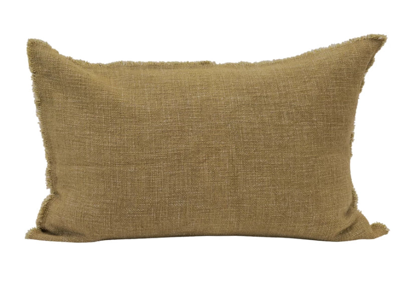 Linen Blend Lumbar Pillow with Frayed Edges - Olive Color