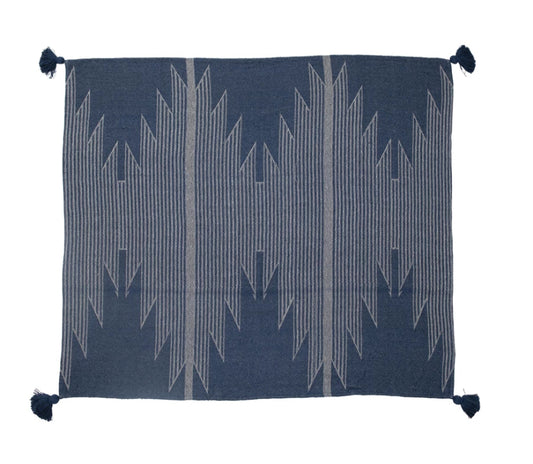 Woven Throw with Tassels - Blue Aztec Pattern