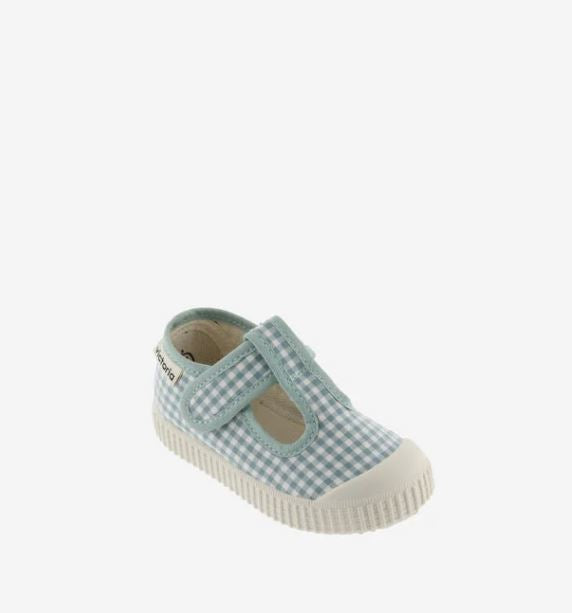 Victoria Shoes - Gingham T-Strap - Jade
