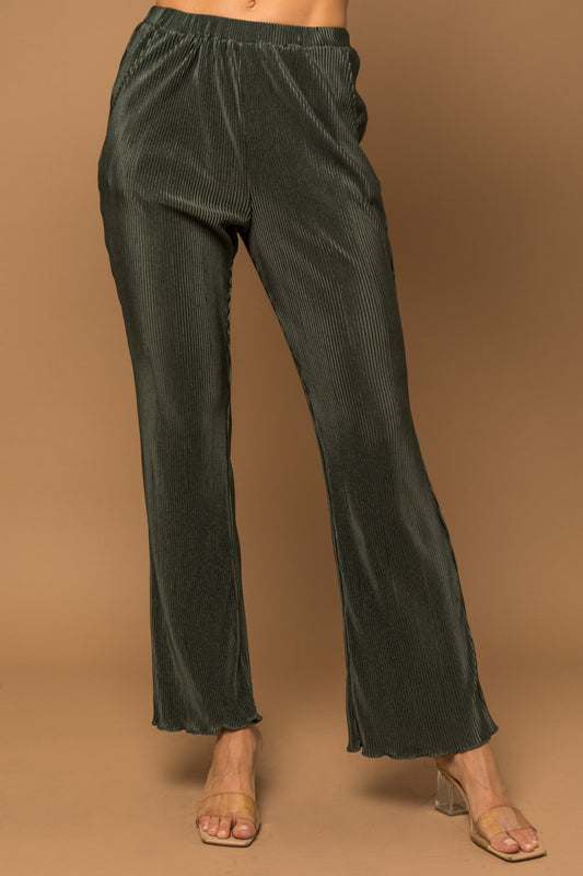 Plisse Fit + Flare Pants - Olive