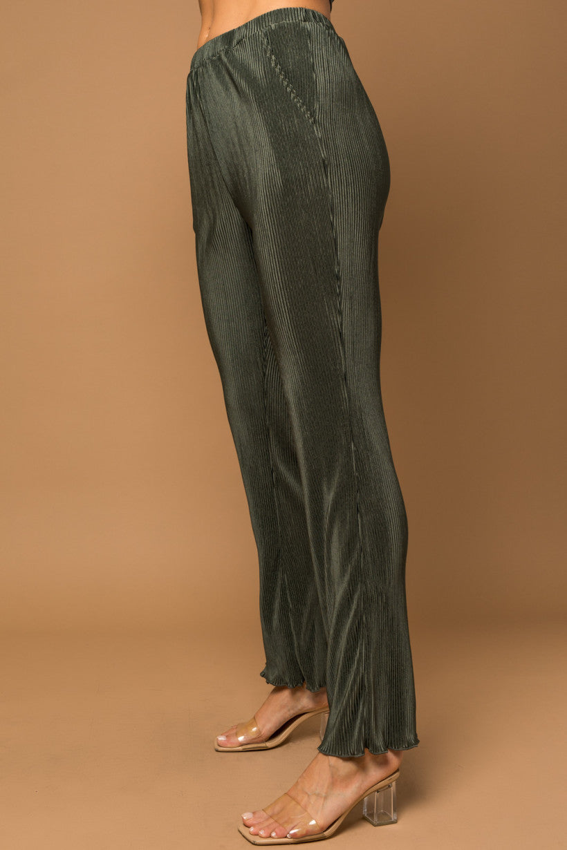 Plisse Fit + Flare Pants - Olive