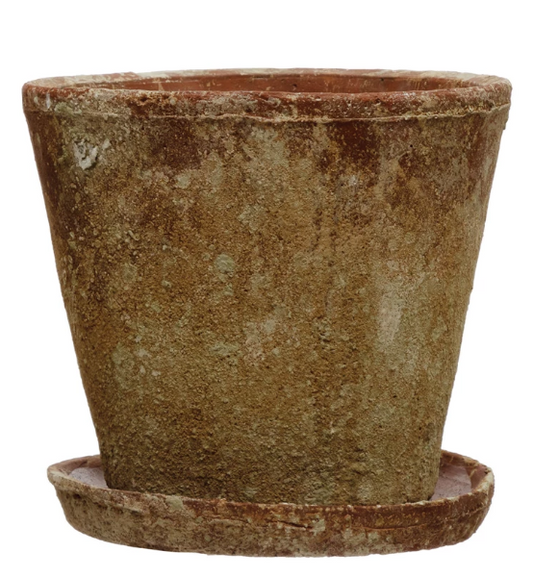 Distressed Planter with Saucer - Large