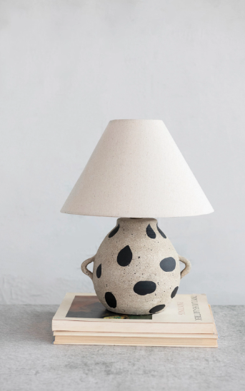 Hand-Painted Terracotta Table Lamp with Dots and Fabric Shade