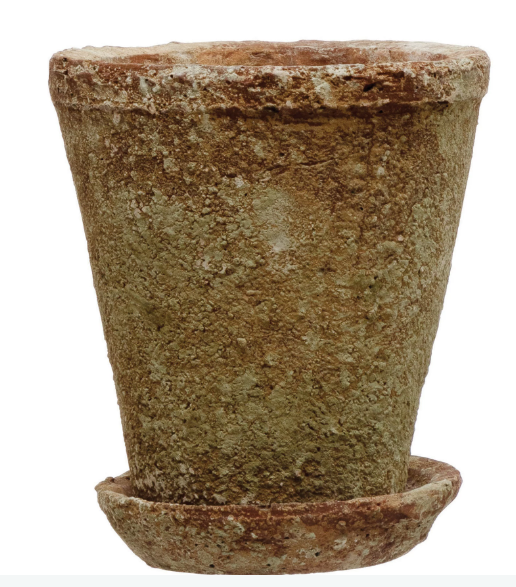 Distressed Cement Planter with Saucer - Medium