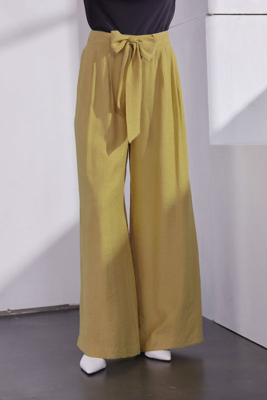 Crinkled Tie Waist Wide Leg Pant - Misty Moss