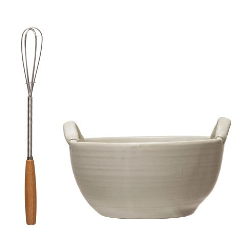 Stoneware Bowl - Wood + Metal Whisk