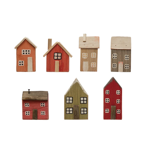 Hand - Painted Paulownia Wood Houses - Set of 7