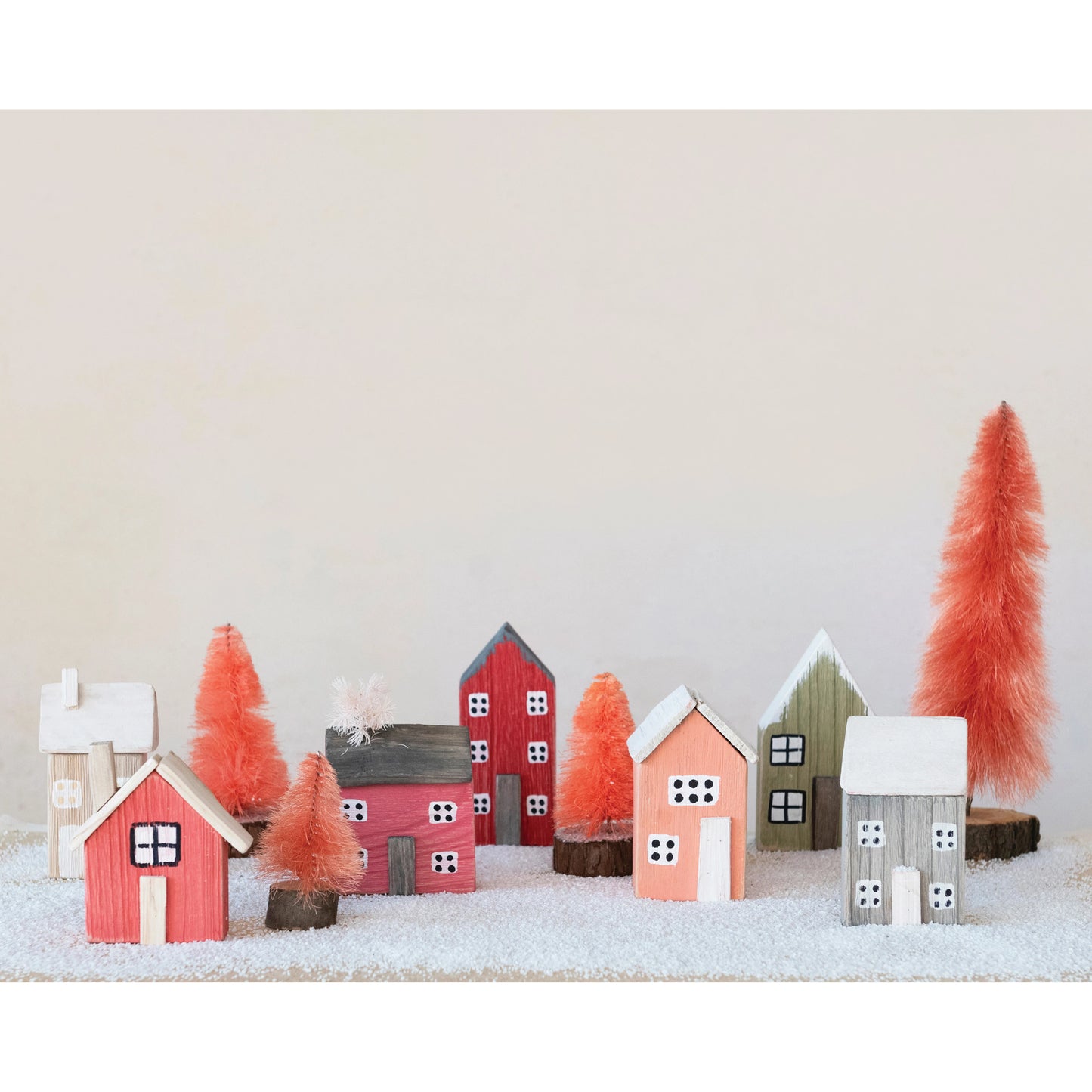 Hand - Painted Paulownia Wood Houses - Set of 7